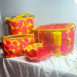 Tupperware Picnic Set muti Piece Yellow Red Orange Polka Dot Cooler Bags Plates